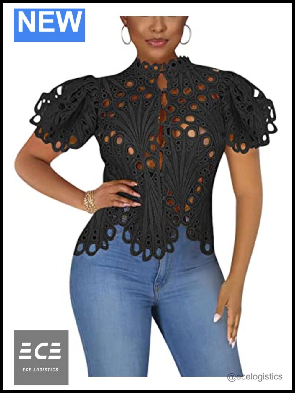 Lace Ruffle Puff Sleeve Button Down Top Sexy Clubwear Blouse